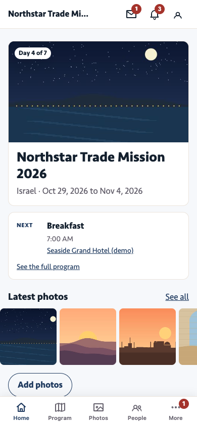 Home screen of the demo mission: the badge Day 4 of 7, the mission name and dates, and the next program item